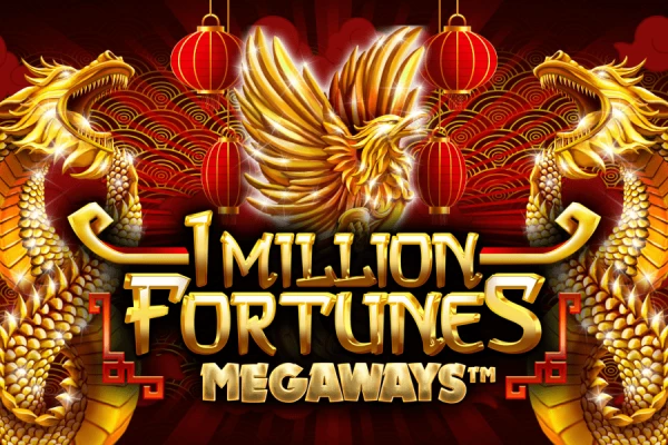 Logo do jogo 1 Million Fortunes Megaways destacando uma arte rica em dourado e vermelho com dragões chineses e lanternas.