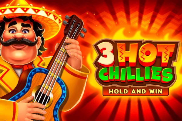 Logotipo do jogo caça-níqueis 3 Hot Chillies apresentando um homem festivo tocando guitarra com um fundo colorido e texto 'Hold and Win'.