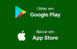 Ícones de download para aplicativos em um fundo verde, incluindo o logo do Google Play com o texto 'Obter em Google Play' e o logo da App Store com o texto 'Baixar em App Store'.