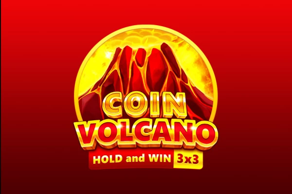 Logotipo do jogo slot Coin Volcano apresentando uma montanha vulcânica vermelha com uma moeda de ouro em erupção, o texto diz 'Coin Volcano Hold and Win 3x3'.