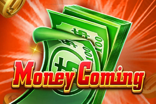 Logotipo do jogo de slot Money Coming, apresentando uma onda de notas de dólar verdes e o título do jogo em letras em negrito e brilhantes.