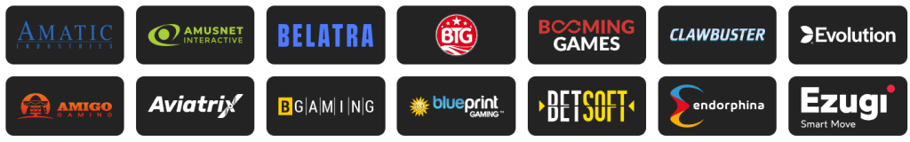 Logotipos de várias empresas de jogos e tecnologia dispostas no Brazino777 Casino, incluindo Amatic Industries, Amusnet Interactive, Belatra, BIG, Booming Games, Clawbuster, Evolution, Amigo Gaming, Aviatrix, BGaming, Blueprint Gaming, Betsoft, Endorphina e Ezugi.