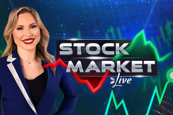 Logo do jogo Stock Market com a imagem de uma apresentadora de televisão e gráficos de ações ao fundo, indicando um cenário de mercado ao vivo.